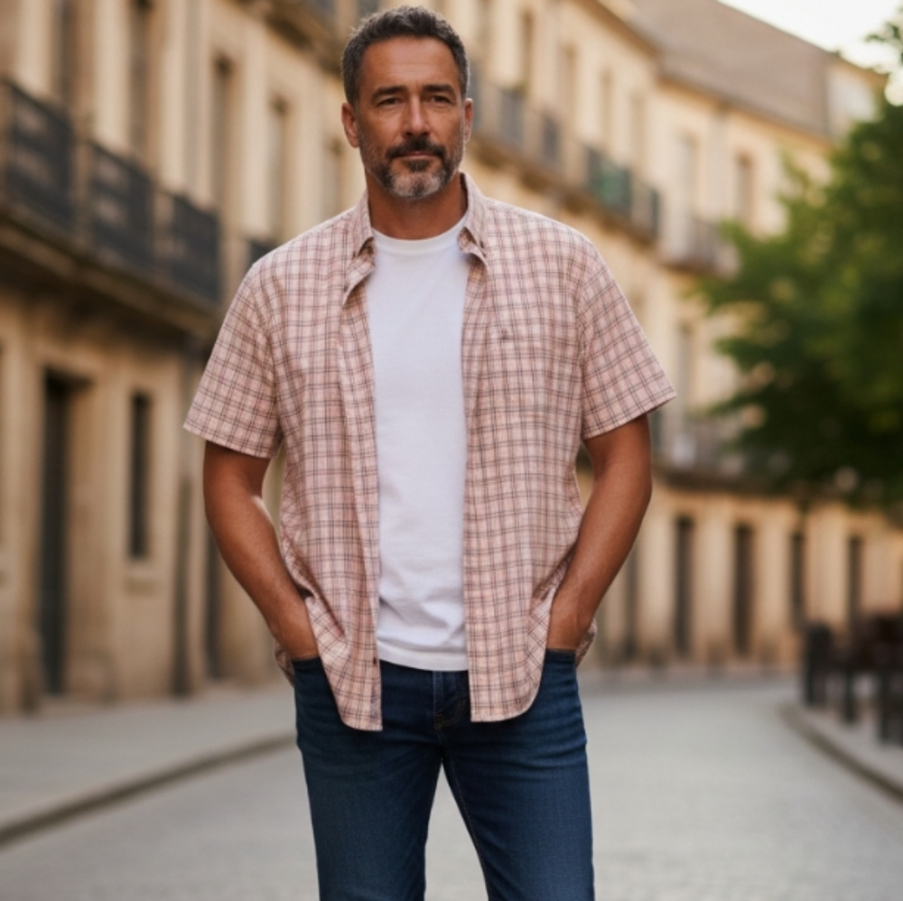Relaxed Fit Neutral Orange and Gray tones Plaid Short Sleeve Men's Shirt